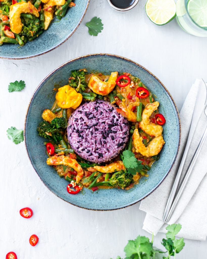 Vegan Shrimp Curry with vegetables and rice