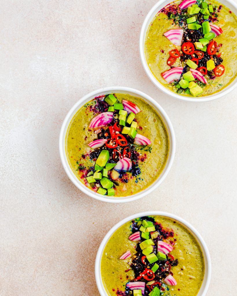 An above head shot of the creamy broccoli soup