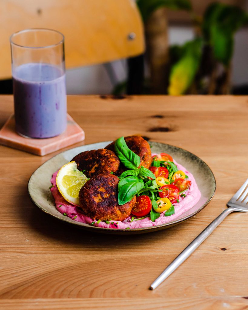 Sweet potato cakes and acai soy milk