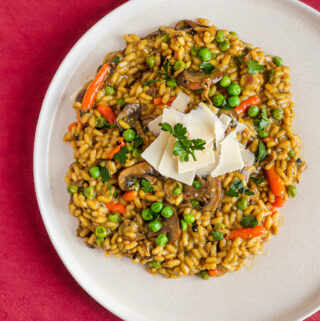 A plate with mushroom risotto